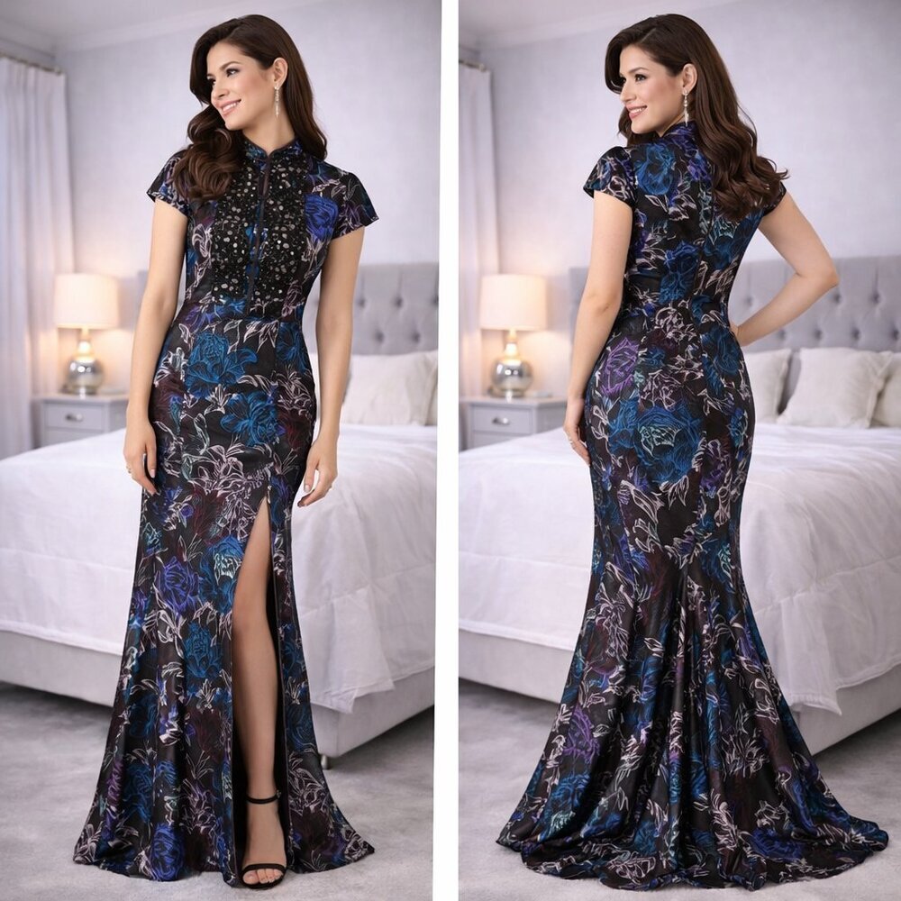 Emanuel Ungaro Black Floral Wisp Chiffon Formal Dress $2280